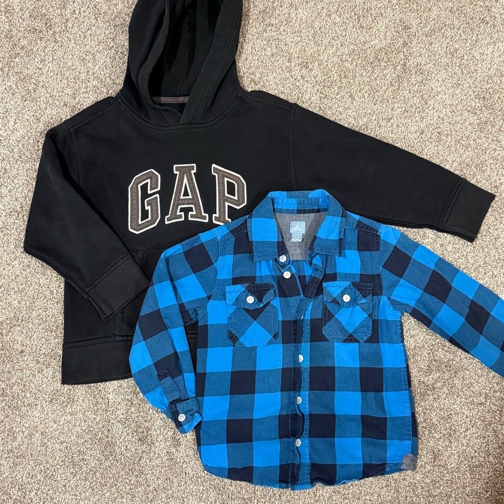 Gap Boys 5T Bundle Lot 2 Pc | GAP Logo Hoodie Sweatshirt + Plaid Button Down